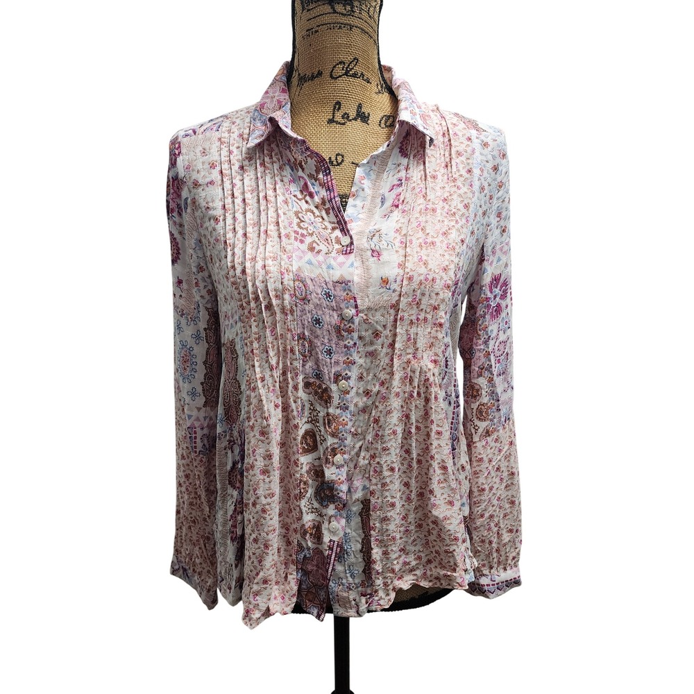 Jane + Delancey Floral Print Pleated Button Down Rayon‎ Blouse Top M